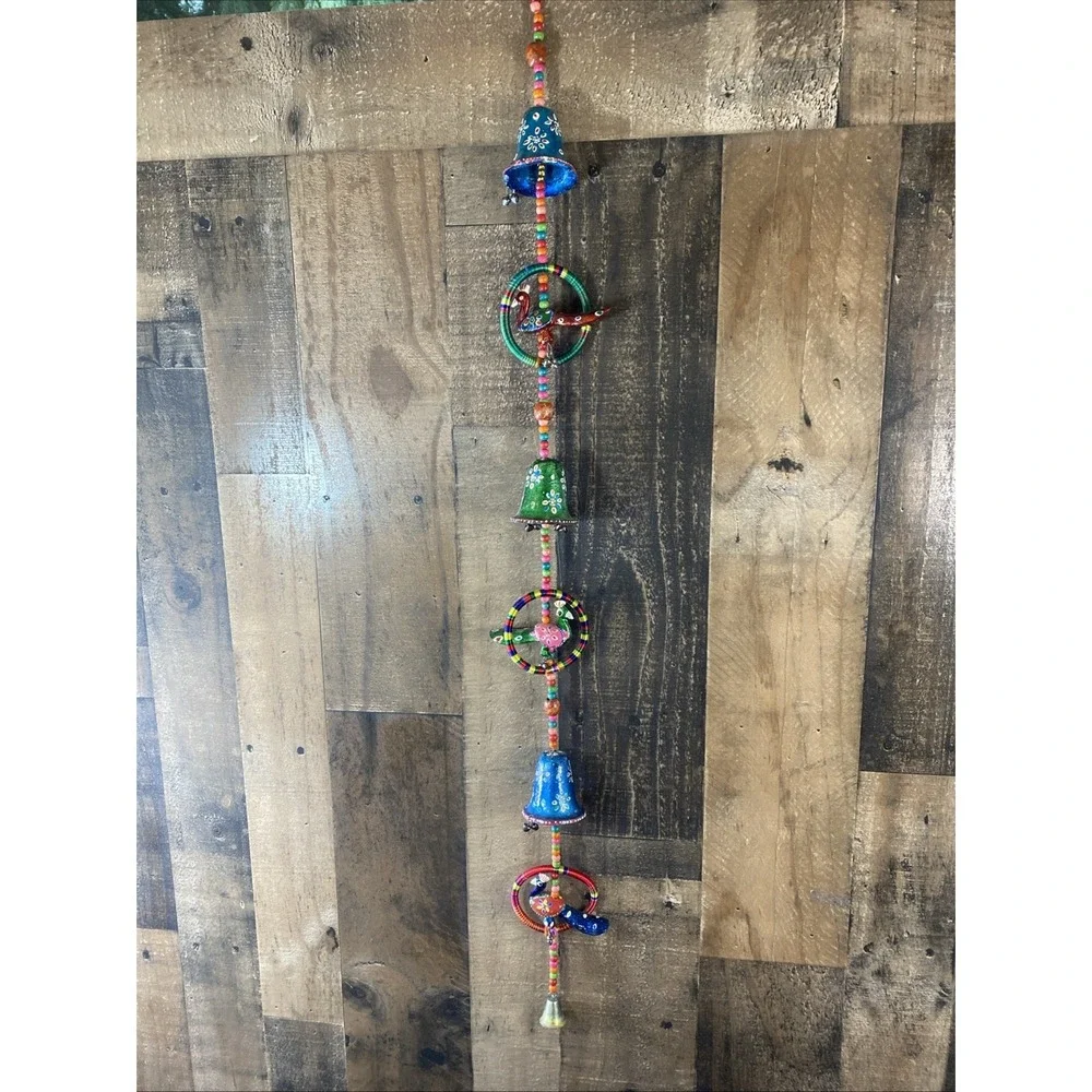 India‎ Door Wall Hanging Hand Painted Brass Bells Beads Bird Toran Decor Garland